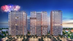 Các tòa tháp Sun Festo Town về đêm với pháo hoa trên bầu trời Bãi Cháy
