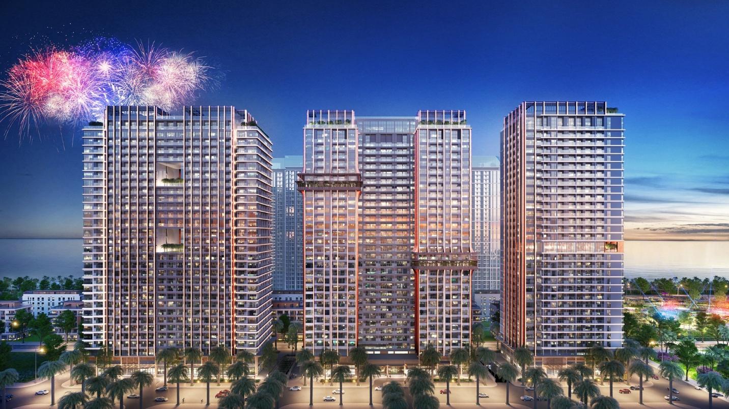 Các tòa tháp Sun Festo Town về đêm với pháo hoa trên bầu trời Bãi Cháy