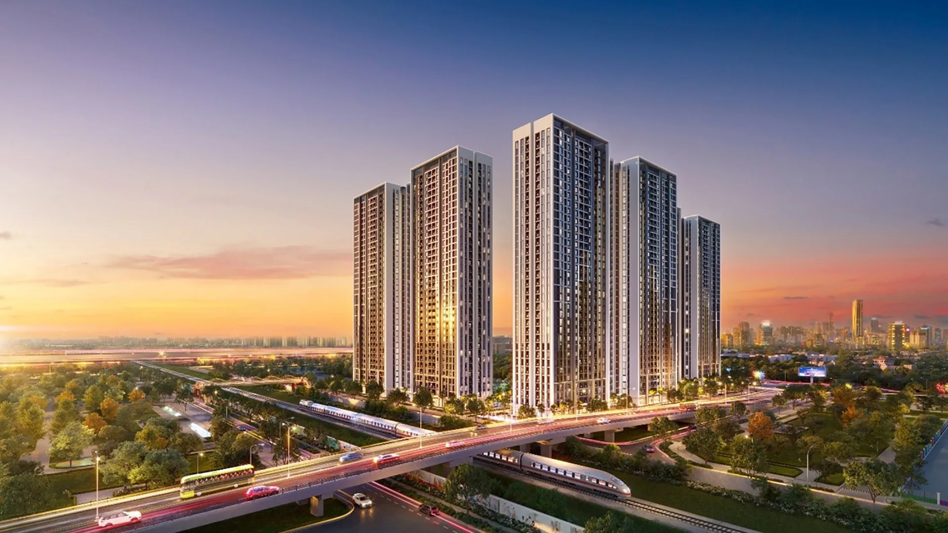 Phối cảnh Imperia Sensa Park nhìn từ trục đường Võ Chí Công lúc hoàng hôn, gần tuyến giao thông kết nối khu Đông