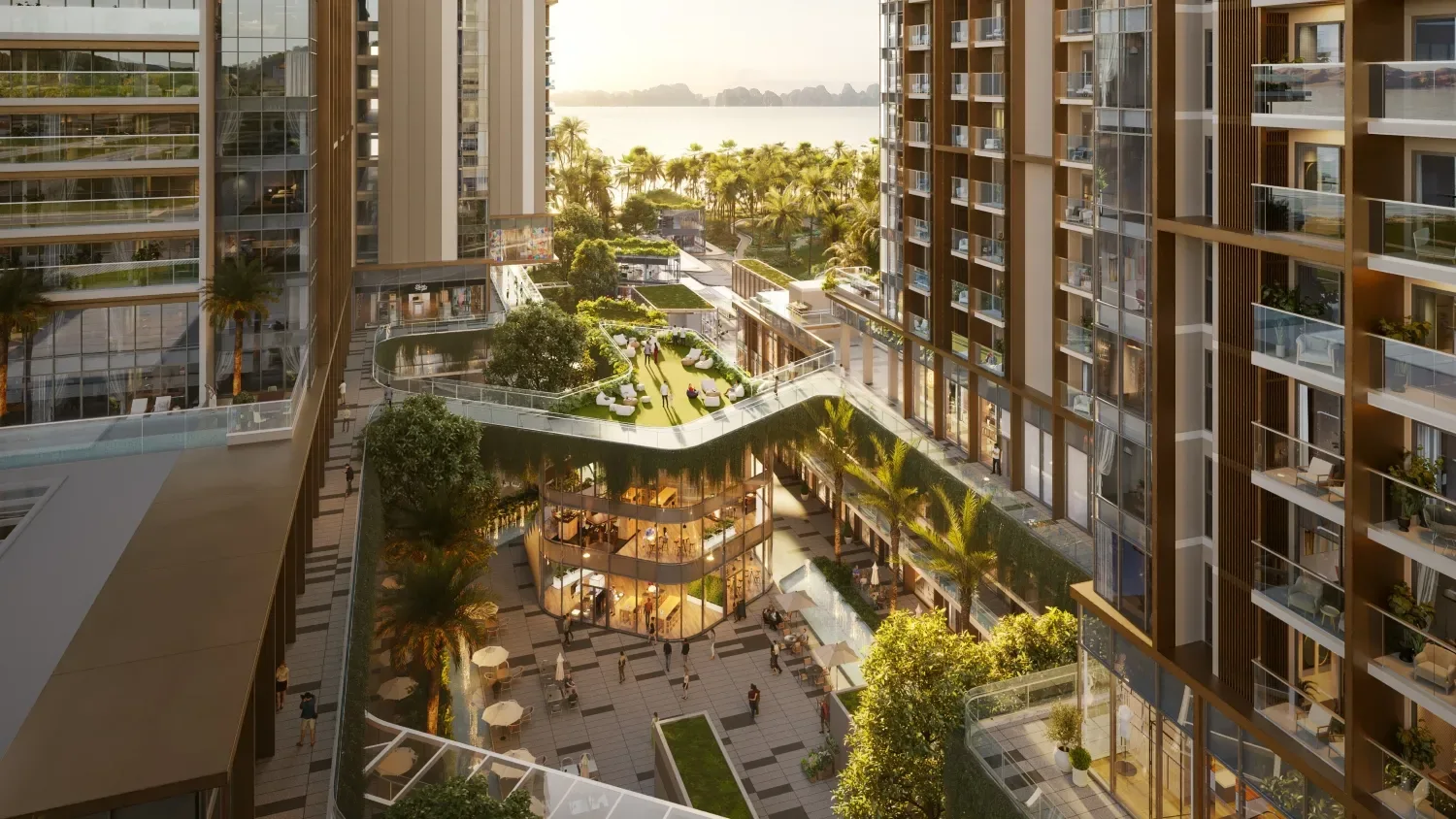Phối cảnh khu tiện ích khối đế với hồ bơi, cây xanh và shophouse tại Imperia Sensa Park