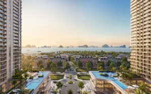 Phối cảnh tháp đôi Prima Bay với các tầng hồ bơi hướng vịnh Hạ Long
