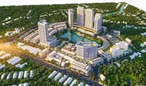 Phối cảnh tổng thể khu phức hợp Hồ Gươm Xanh Thuận An nhìn từ trên cao