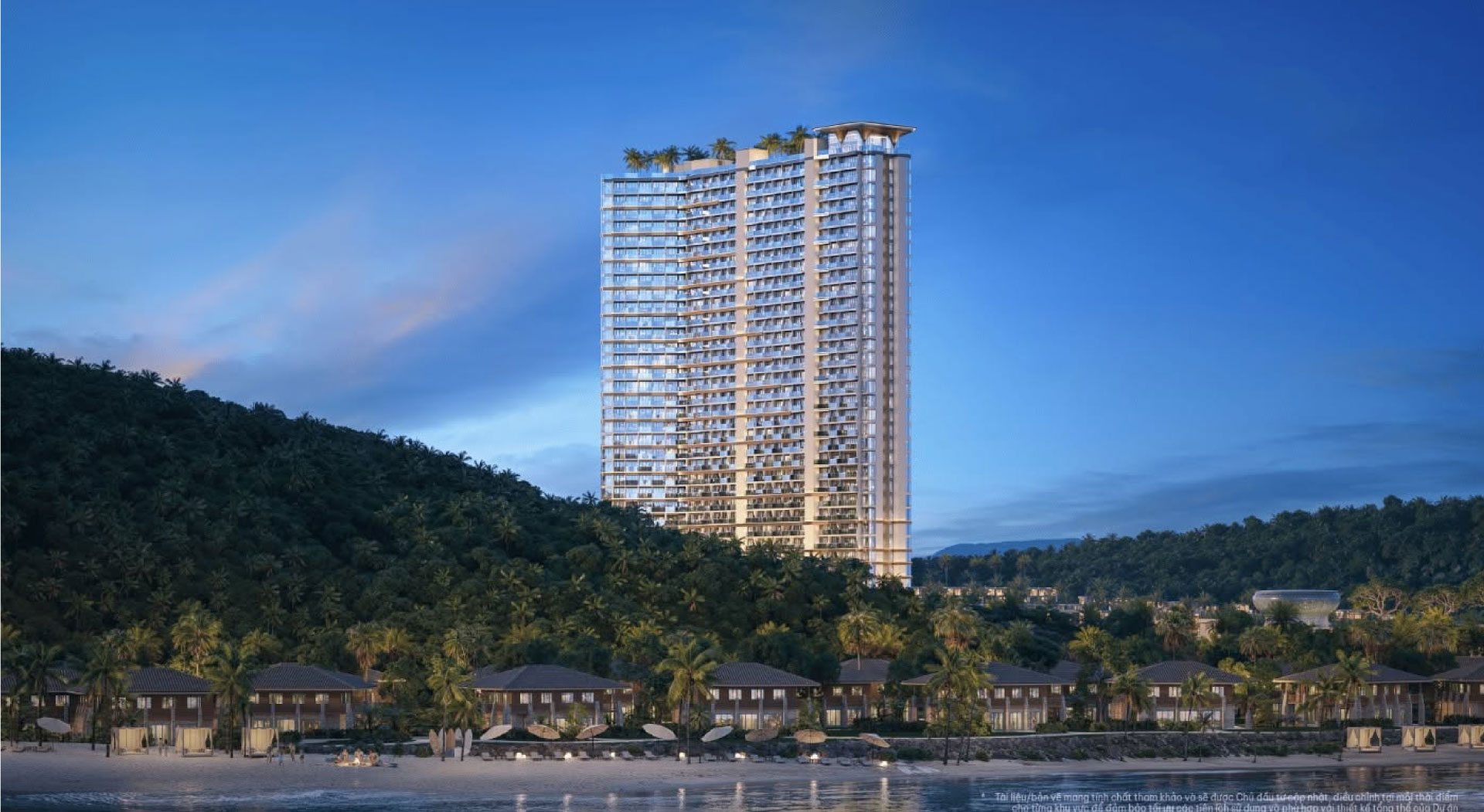 Tòa tháp căn hộ Alora Nha Trang nhìn từ bãi biển, phía trước là các villa thấp tầng ven biển