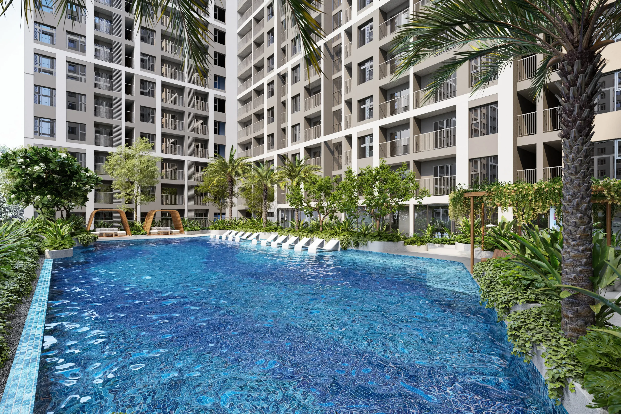 Bể bơi ngoài trời trong khuôn viên dự án nhà ở xã hội của BIM Land tại Hạ Long