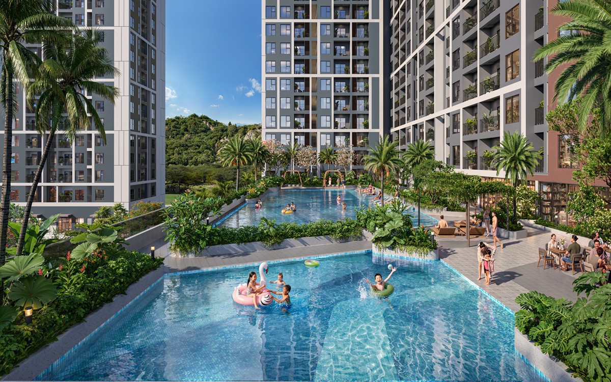 Hồ bơi tầng 3 tại dự án NOXH Marina Living Halong với các gia đình vui chơi