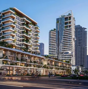 Phối cảnh khối đế thương mại và tháp căn hộ cao tầng tại quần thể Suro Thủ Thiêm về đêm
