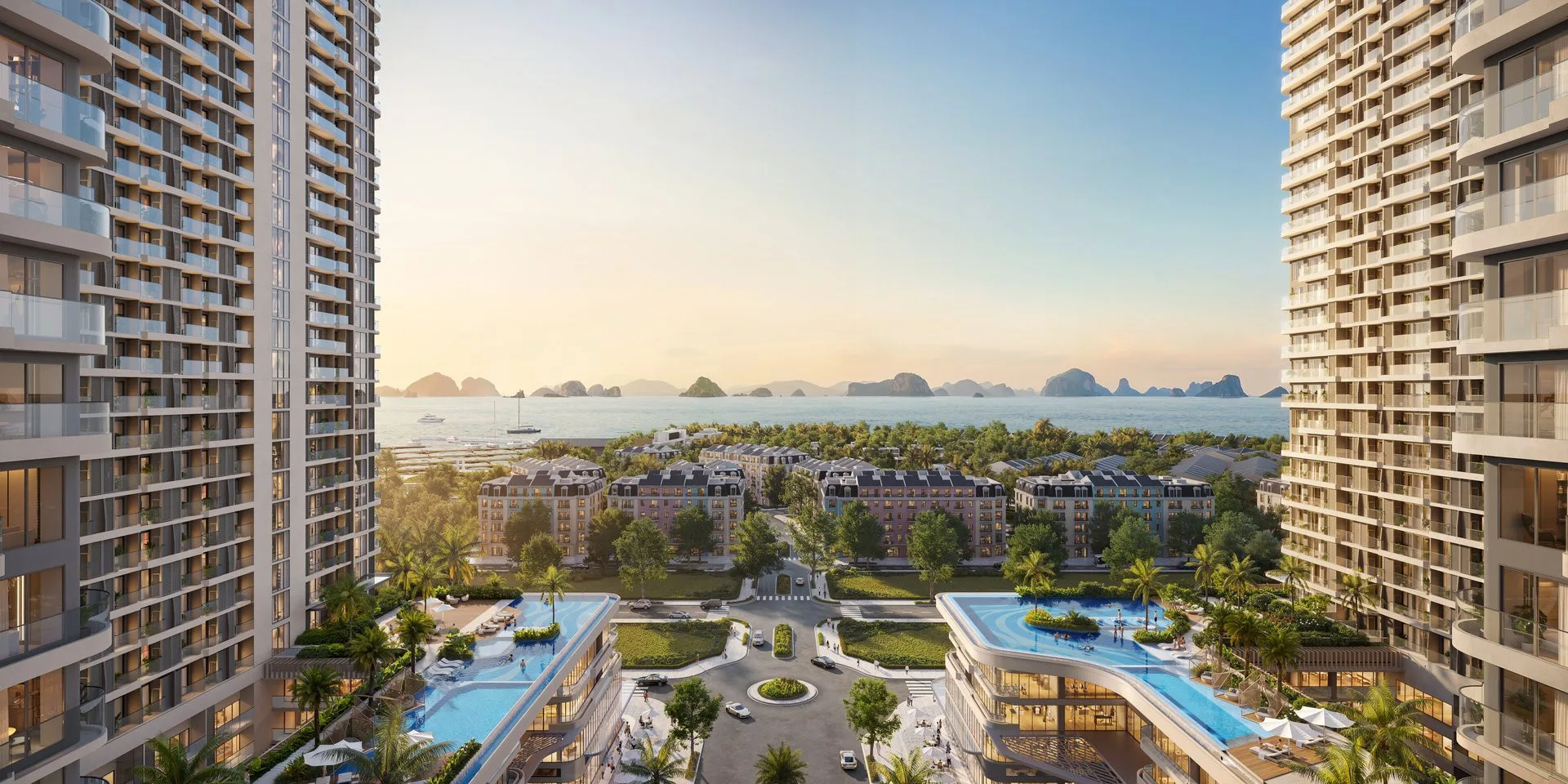 Phối cảnh tổ hợp hồ bơi và tiện ích nội khu giữa hai tòa tháp dự án Prima Bay