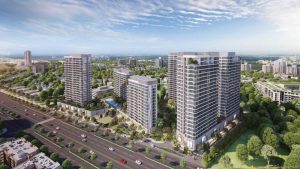 Phối cảnh tổng thể các tòa tháp dự án Ansana Kita nhìn từ trên cao dọc đại lộ Võ Văn Kiệt