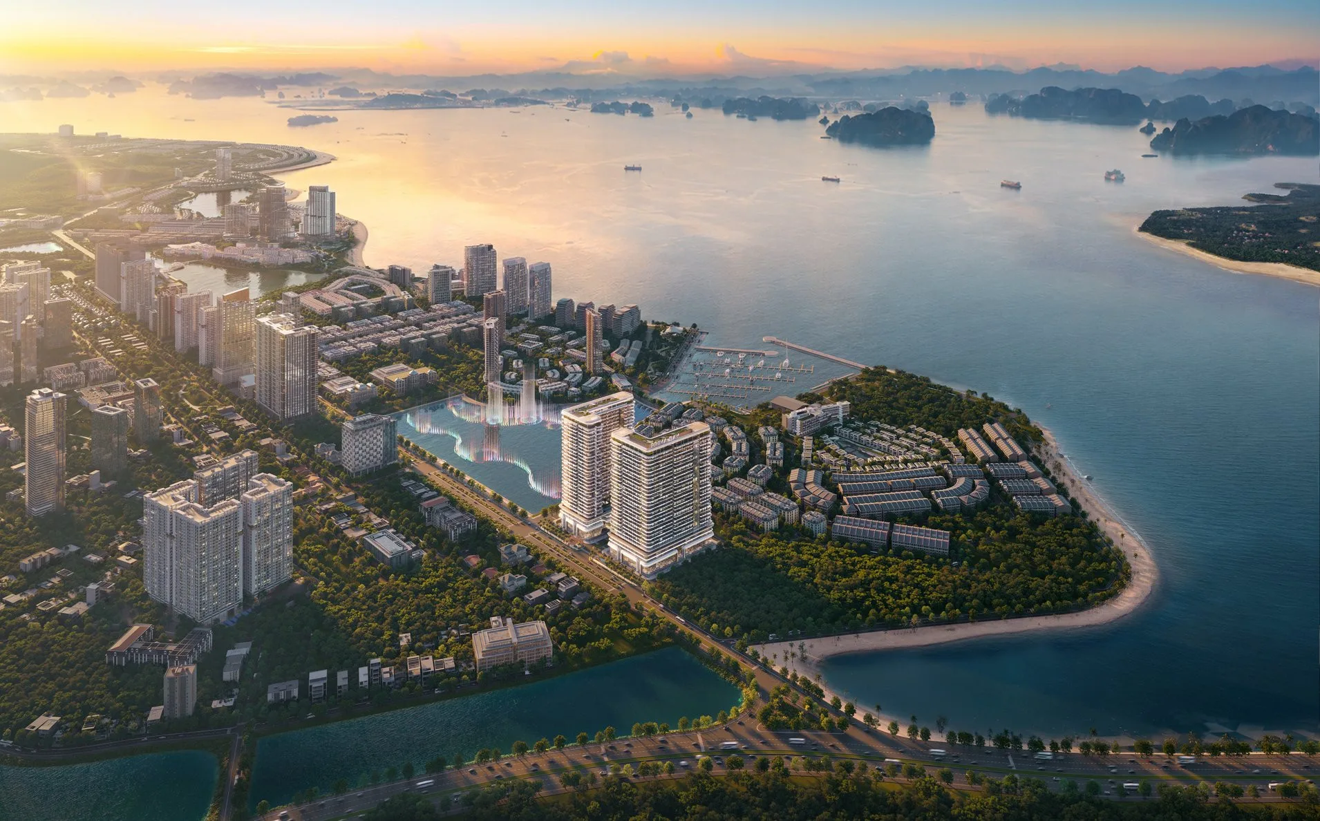 Phối cảnh trên cao dự án Prima Bay của BIM Land hướng ra vịnh Hạ Long và bến du thuyền