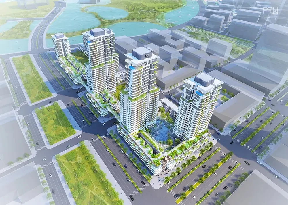 Phối cảnh trên cao quần thể Thủ Thiêm Zeit với các tháp căn hộ Suro Premia và hạ tầng xung quanh