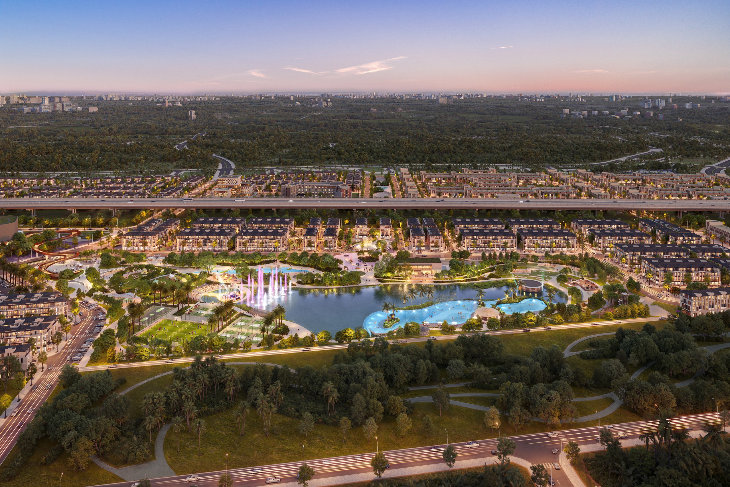 Toàn cảnh đô thị Thanh Phú Centre Point về đêm với hồ nước, đài phun nước và tuyến cao tốc phía trên