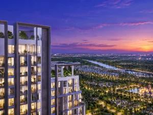 Phối cảnh tòa căn hộ The CityOn nhìn từ trên cao lúc hoàng hôn tại Ocean Park 3